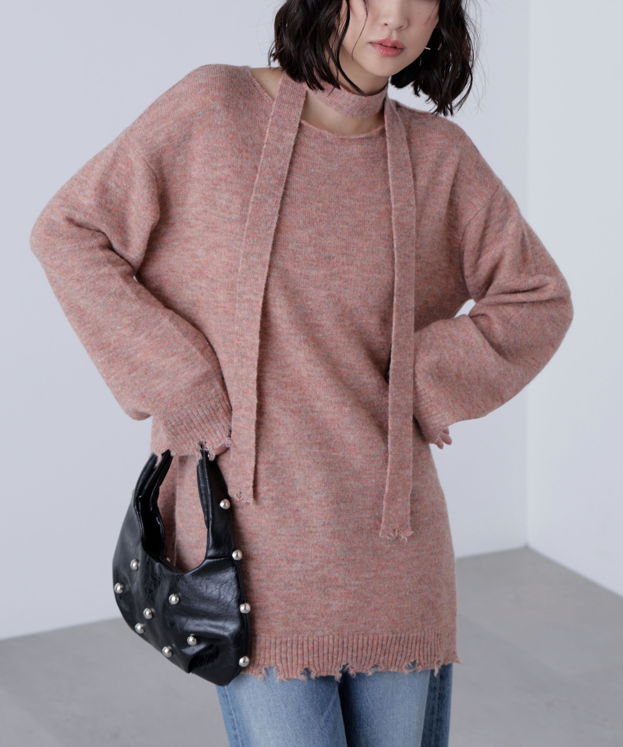  「モヘヤ混タイ付きルーズミニワンピース」|ワンピース|