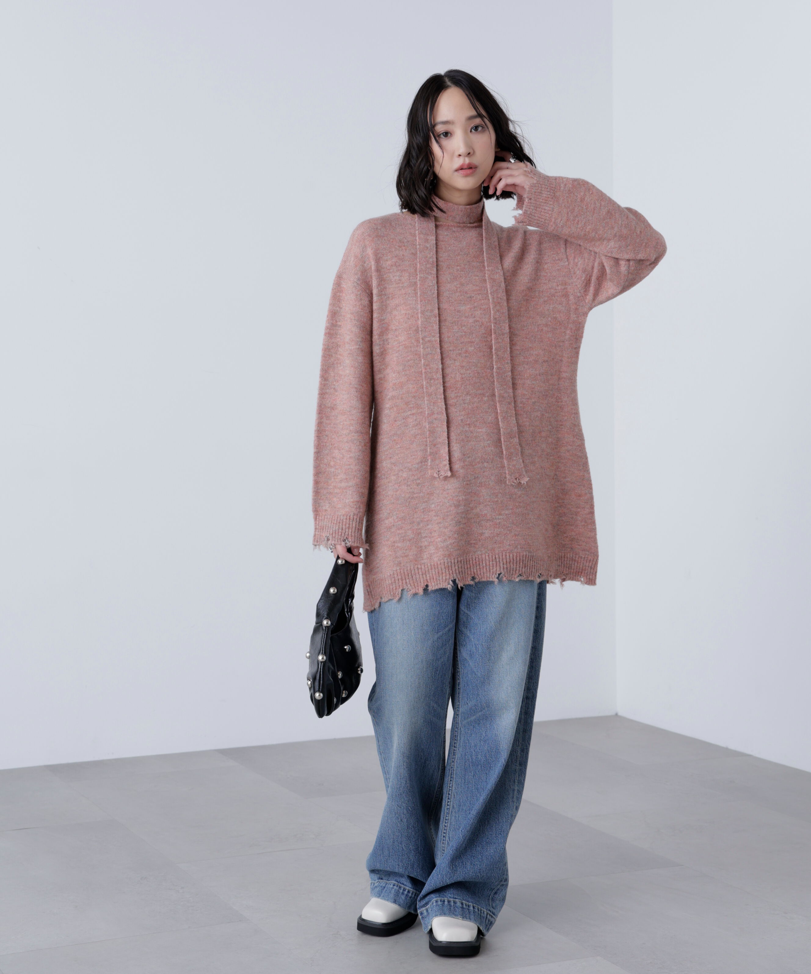  「モヘヤ混タイ付きルーズミニワンピース」|ワンピース|