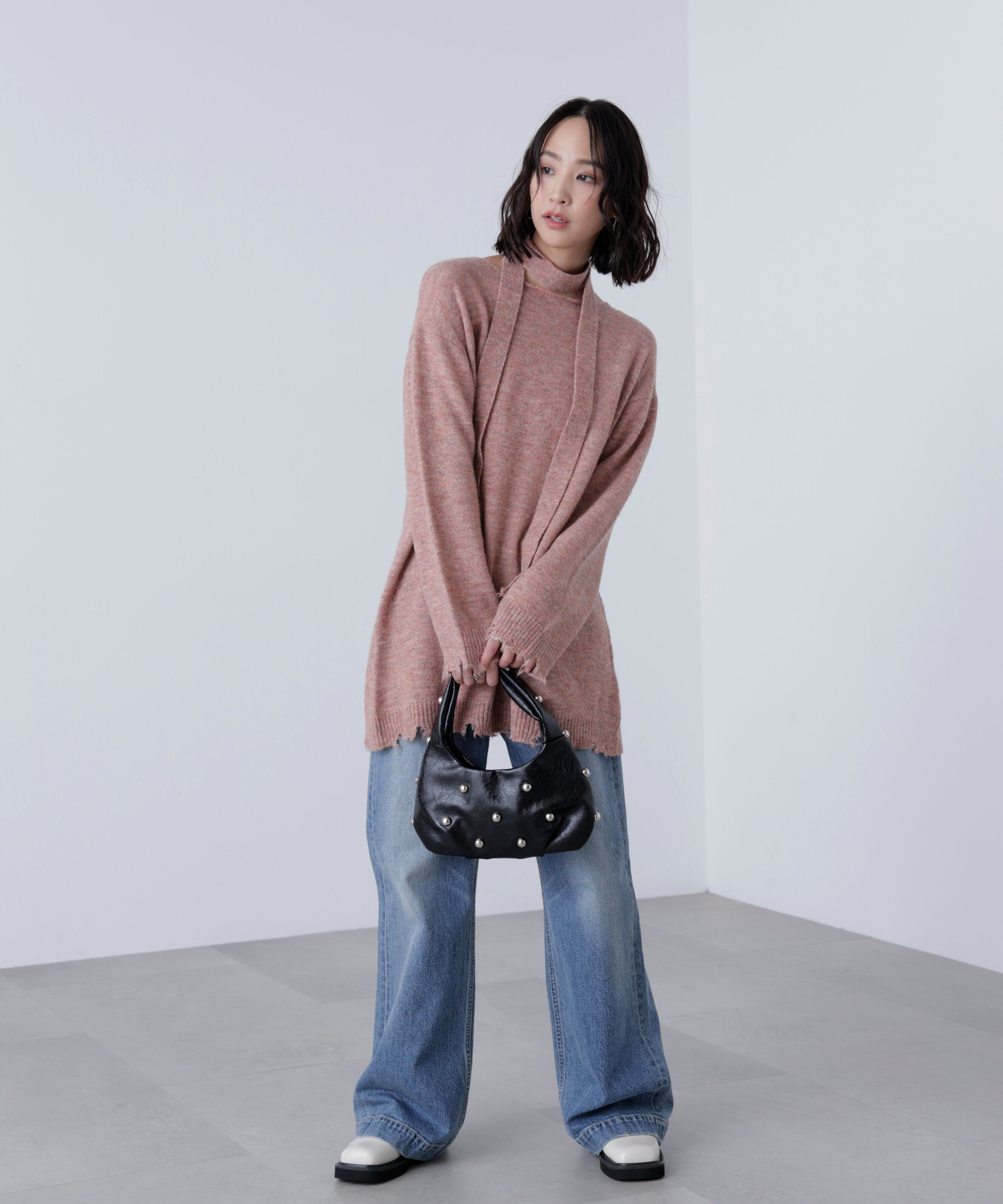  「モヘヤ混タイ付きルーズミニワンピース」|ワンピース|