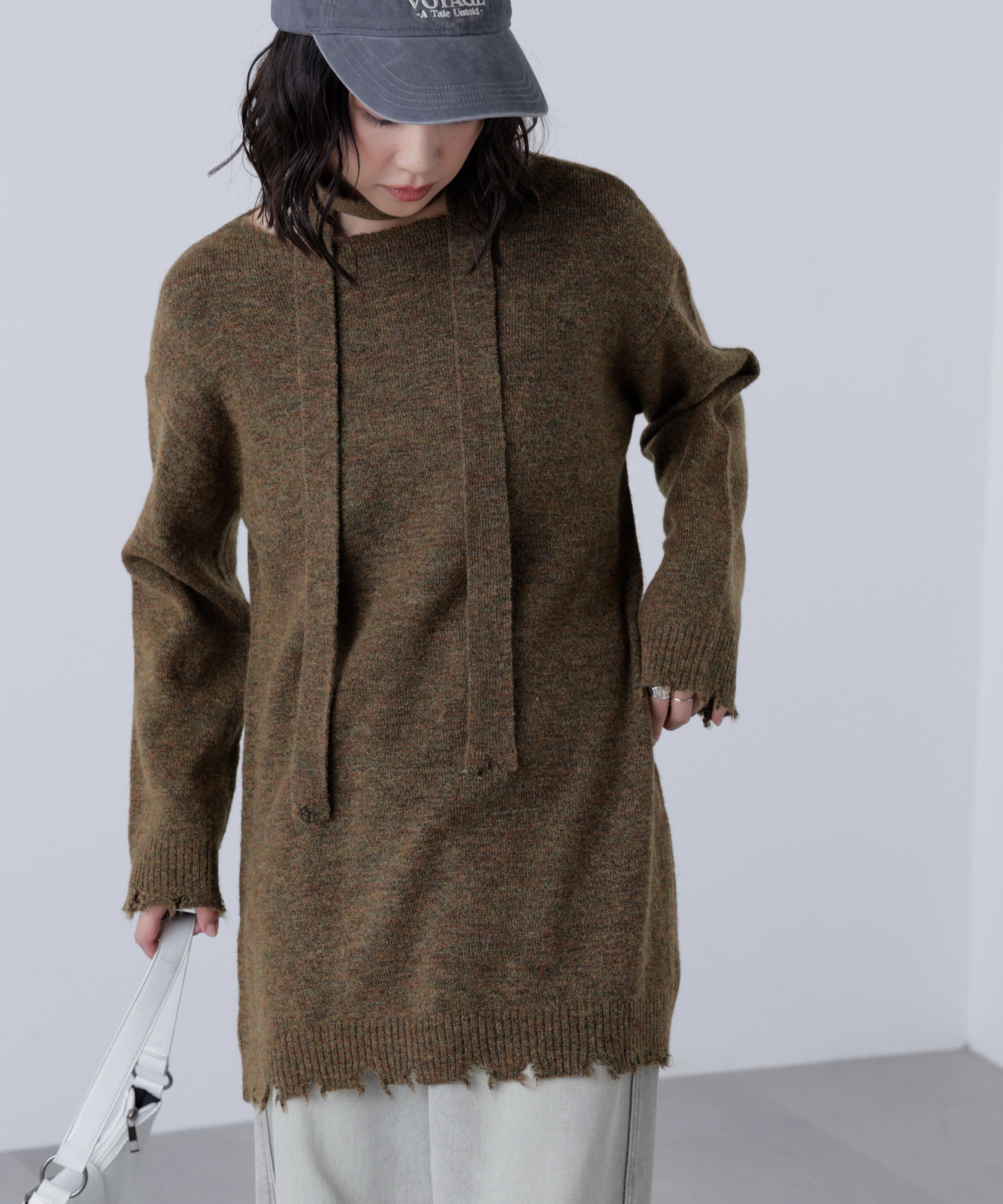  「モヘヤ混タイ付きルーズミニワンピース」|ワンピース|