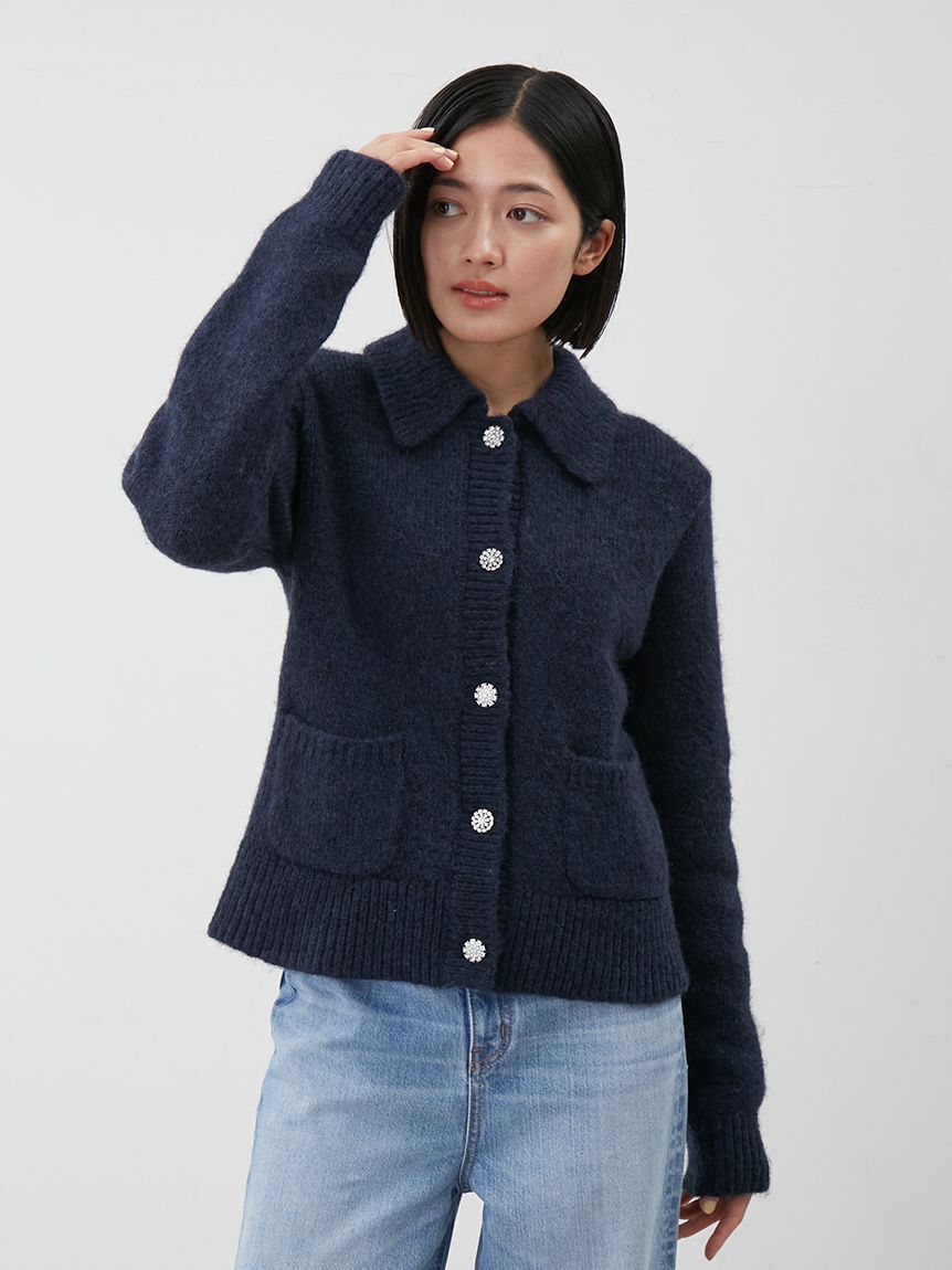 Mila Owen「ビジューボタンシャギーポロニットカーディガン」|カーディガン|