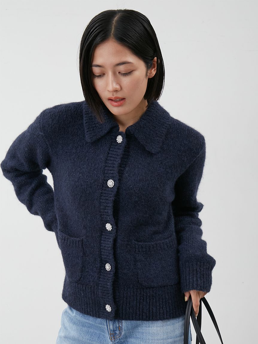 Mila Owen「ビジューボタンシャギーポロニットカーディガン」|カーディガン|NVY