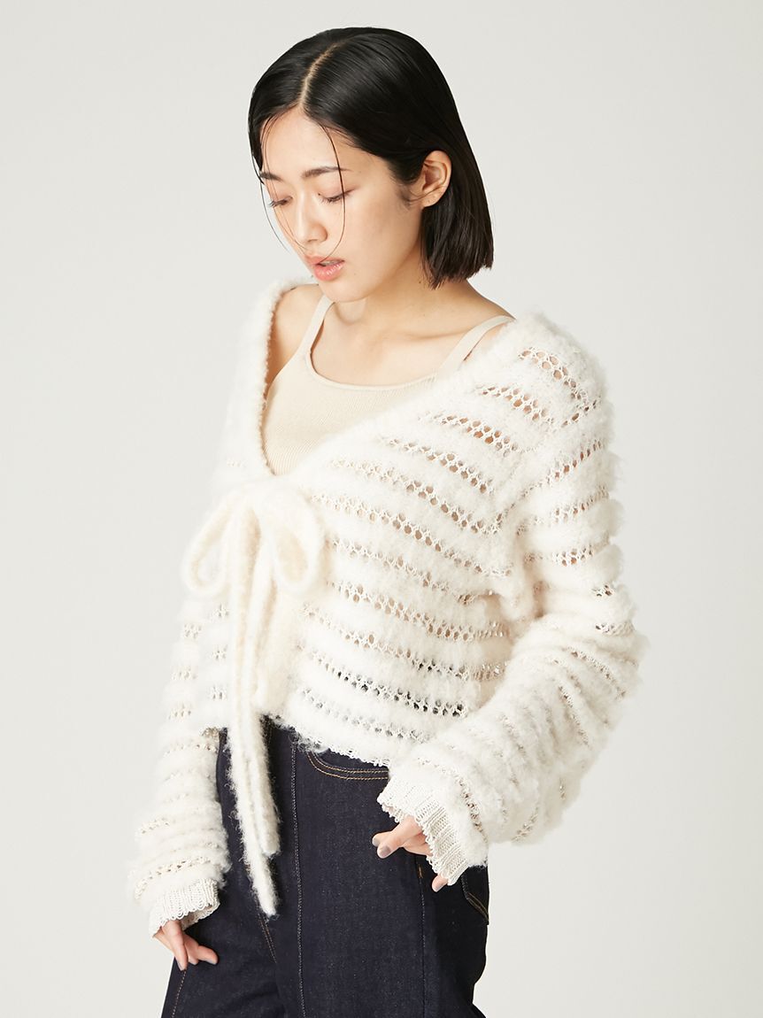 FRAY I.D「ネット編みシャギーボーダーカーデ」|カーディガン|