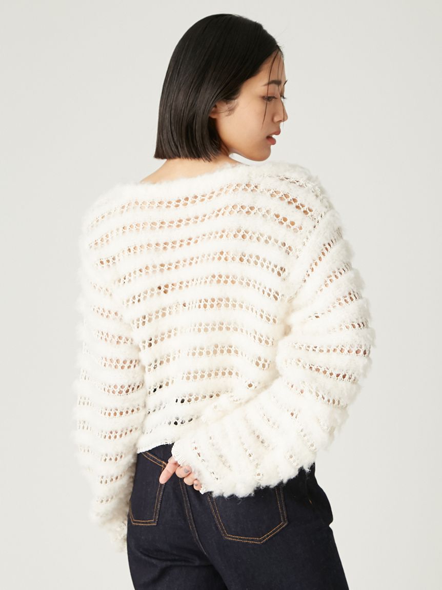 FRAY I.D「ネット編みシャギーボーダーカーデ」|カーディガン|