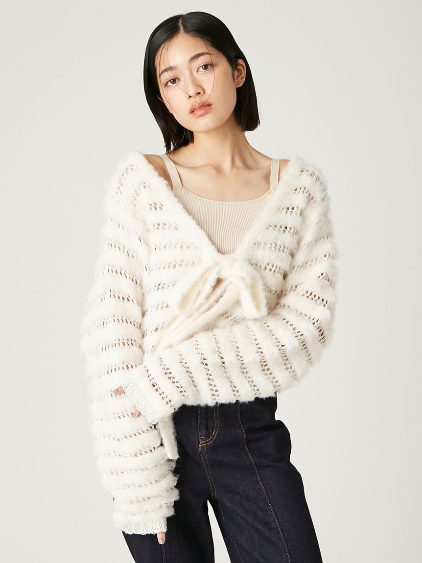 FRAY I.D「ネット編みシャギーボーダーカーデ」|カーディガン|