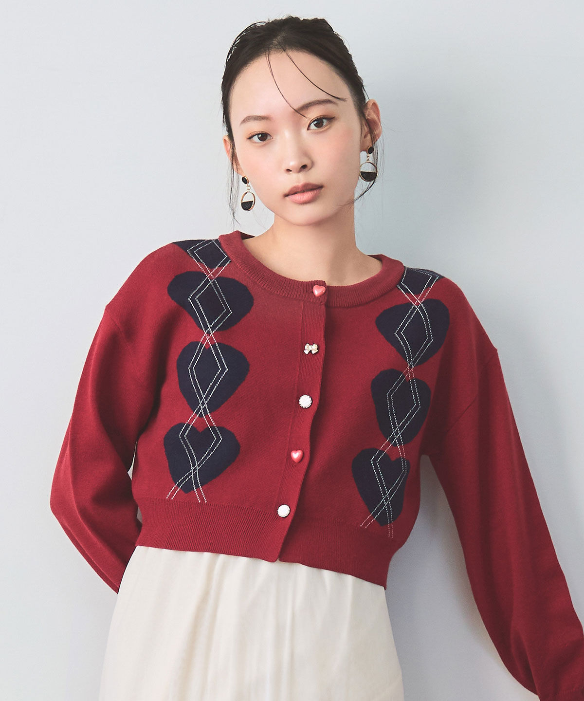 REDYAZEL「Love Me Heart アーガイルニットカーディガン」|カーディガン|レッド