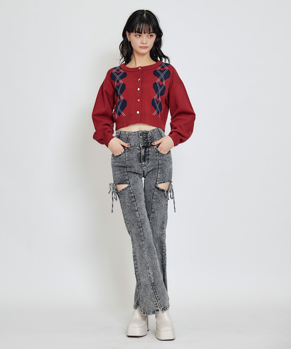 REDYAZEL「Love Me Heart アーガイルニットカーディガン」|カーディガン|