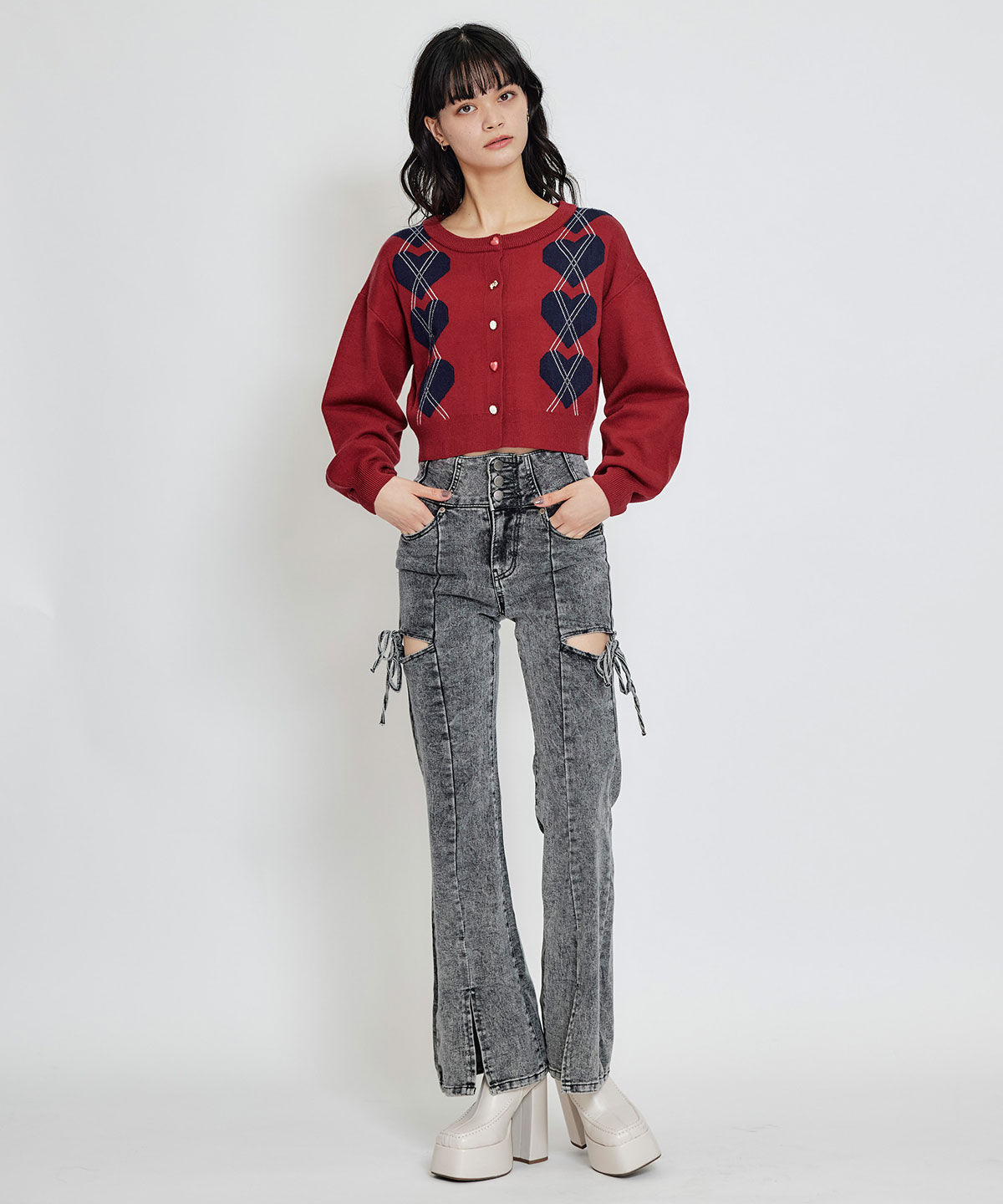 REDYAZEL「Love Me Heart アーガイルニットカーディガン」|カーディガン|