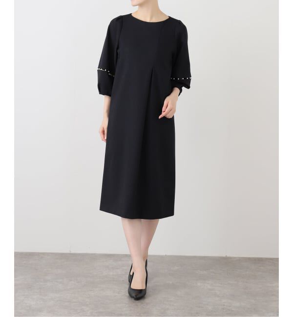  「【洗える】パールスリーブサックワンピース」|ワンピース|ネイビー