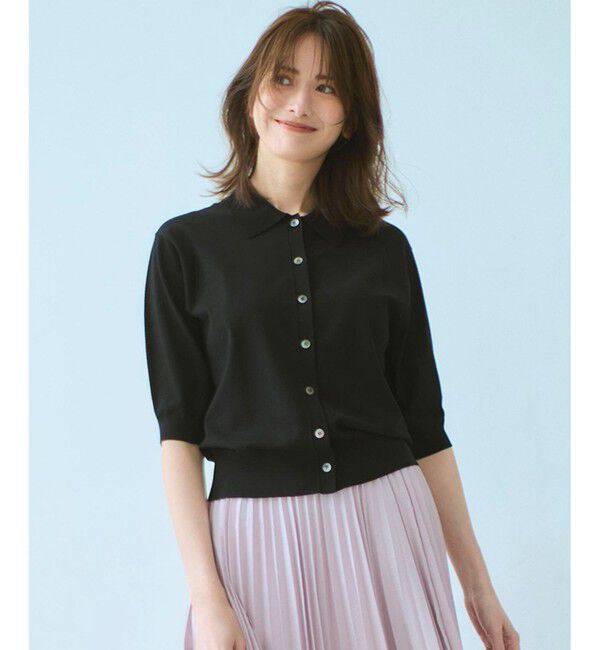 23区「【洗える/吊り干しOK】ヴィスコースストレッチ ポロニット カーディガン」|カーディガン|ブラック系