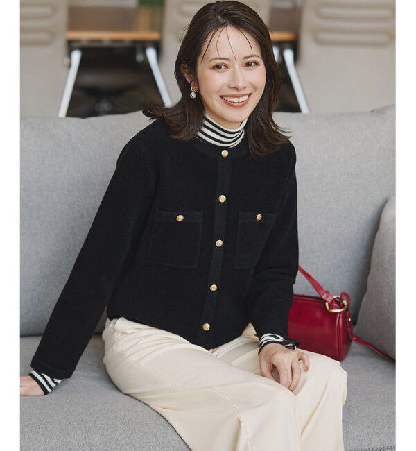 23区「【洗える】ベロアニット カーディガン」|カーディガン|ブラック系