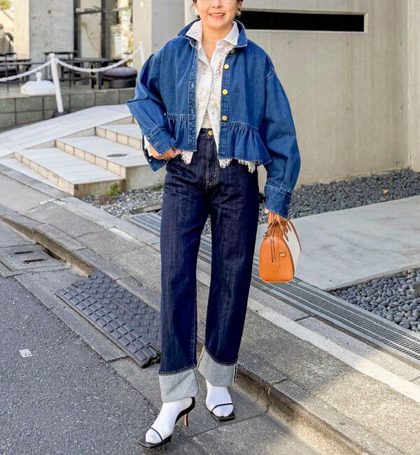 Rie Miller「【RM denim】裾フリルショート丈Gジャン」|ブルゾン・スタジャン|