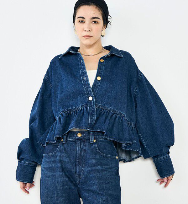 Rie Miller「【RM denim】裾フリルショート丈Gジャン」|ブルゾン・スタジャン|
