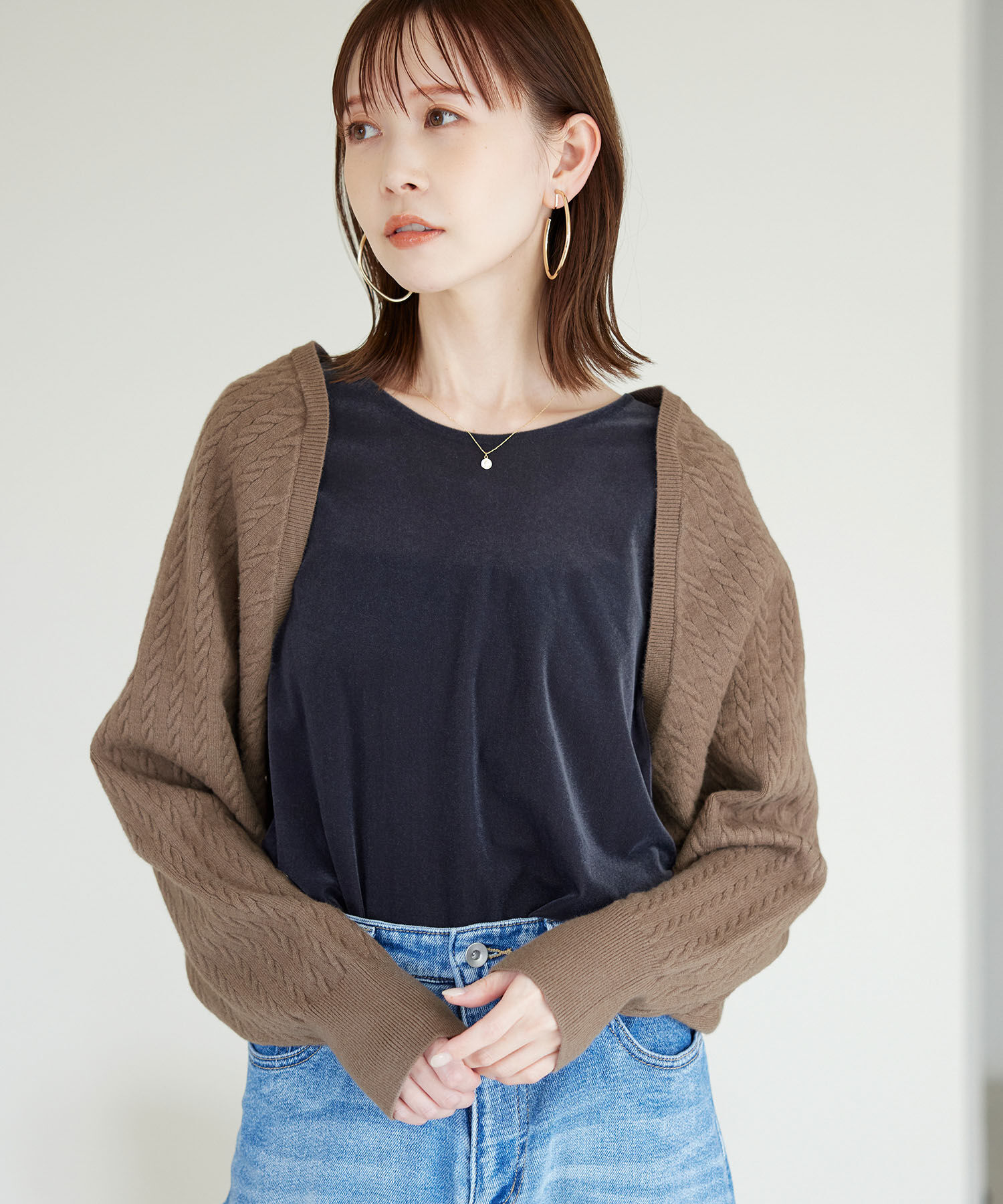 ROPE PICNIC PASSAGE「ケーブル編みニットアームボレロ」|カーディガン|