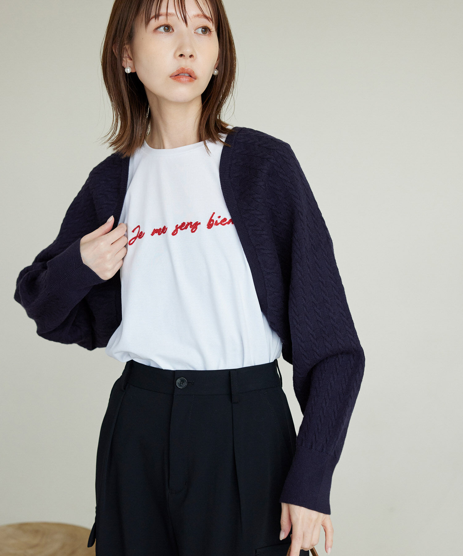 ROPE PICNIC PASSAGE「ケーブル編みニットアームボレロ」|カーディガン|