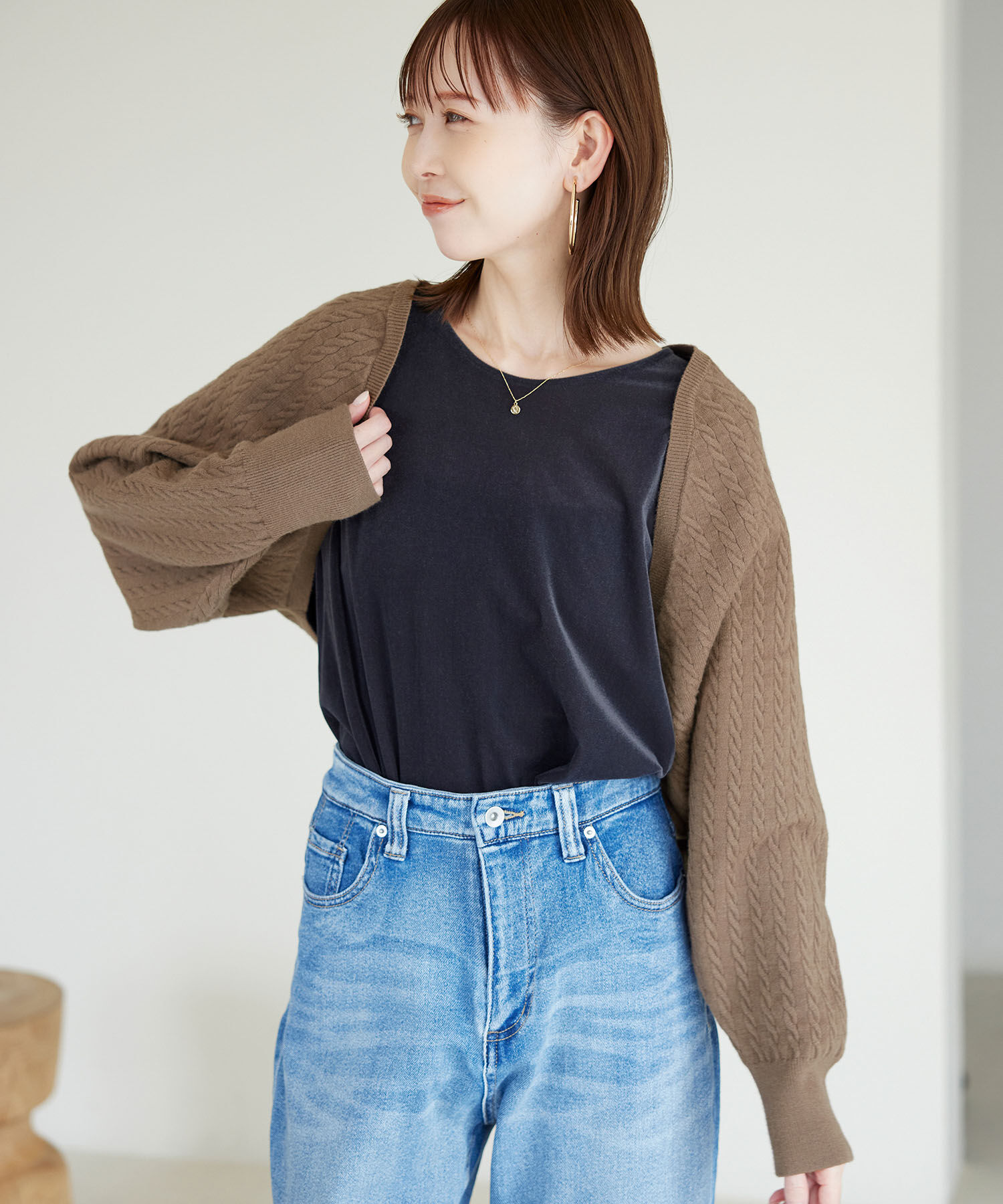 ROPE PICNIC PASSAGE「ケーブル編みニットアームボレロ」|カーディガン|ブラウン系(23)