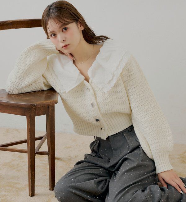  「【SALON by Chico】フリルダブルカラー柄編みカーディガン」|カーディガン|アイボリー