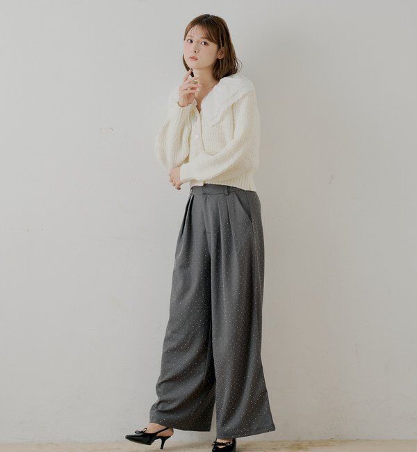  「【SALON by Chico】フリルダブルカラー柄編みカーディガン」|カーディガン|