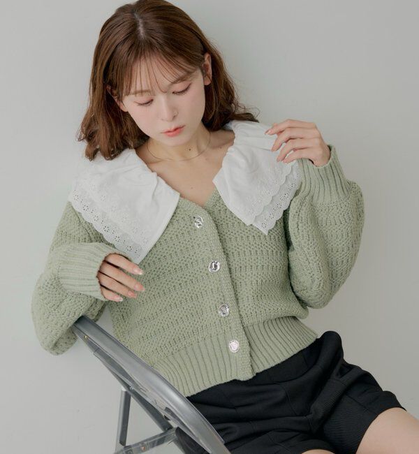  「【SALON by Chico】フリルダブルカラー柄編みカーディガン」|カーディガン|