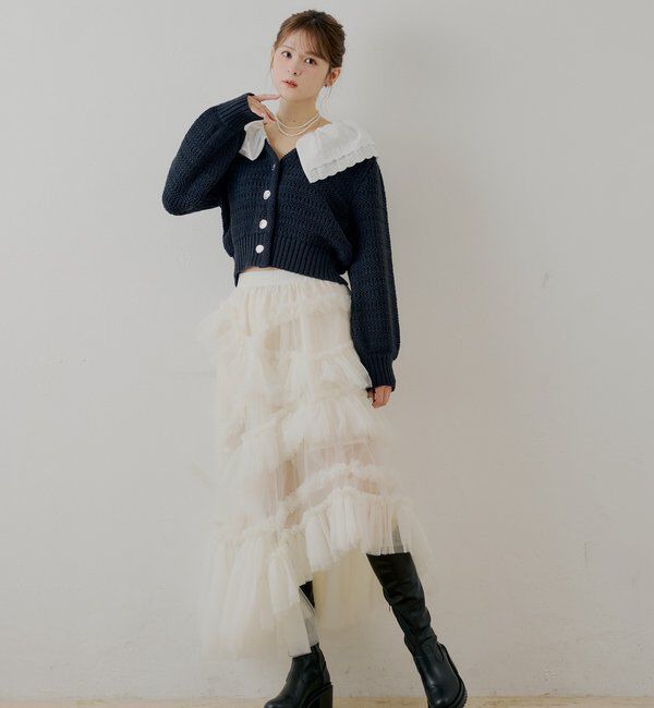  「【SALON by Chico】フリルダブルカラー柄編みカーディガン」|カーディガン|