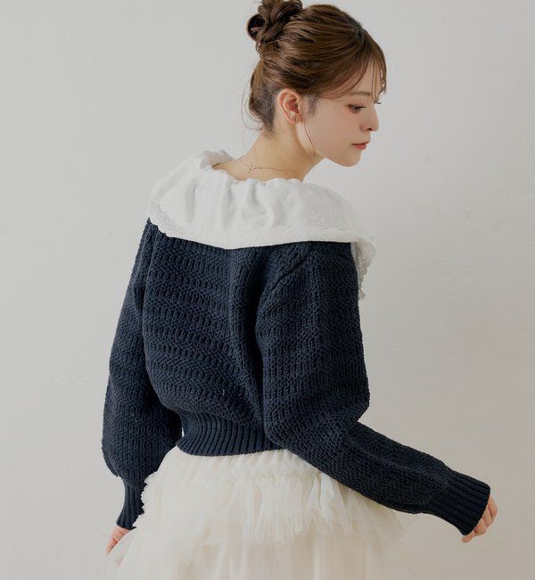  「【SALON by Chico】フリルダブルカラー柄編みカーディガン」|カーディガン|