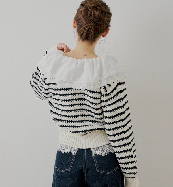  「【SALON by Chico】フリルダブルカラー柄編みカーディガン」|カーディガン|