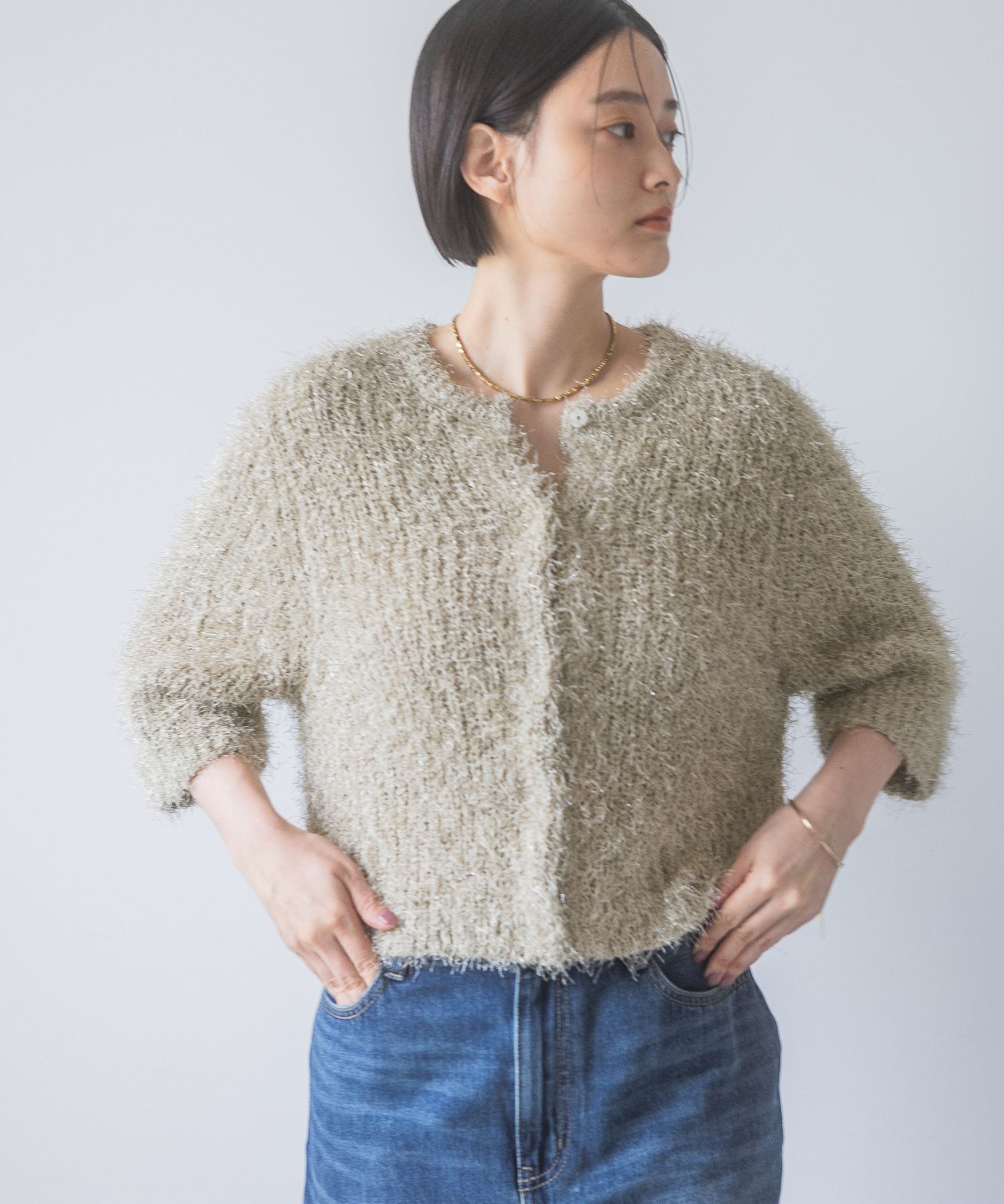 A part by 「ラメフェザーカーディガン_半袖」|ニット・セーター|ベージュ