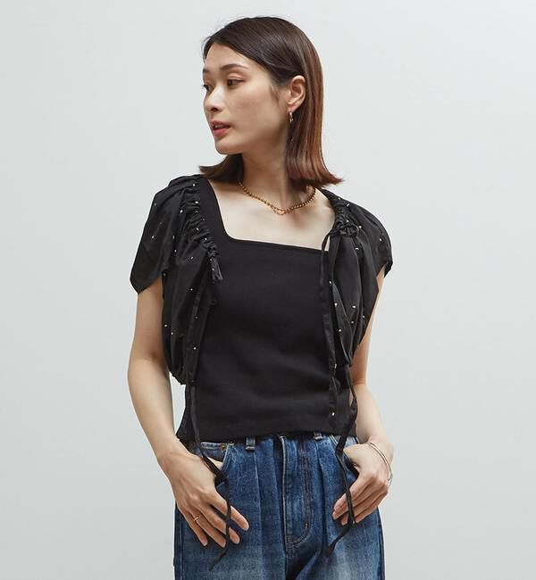 Soffitto「インド綿ドット刺繍ギャザーボレロブラウス」|カーディガン|ブラック