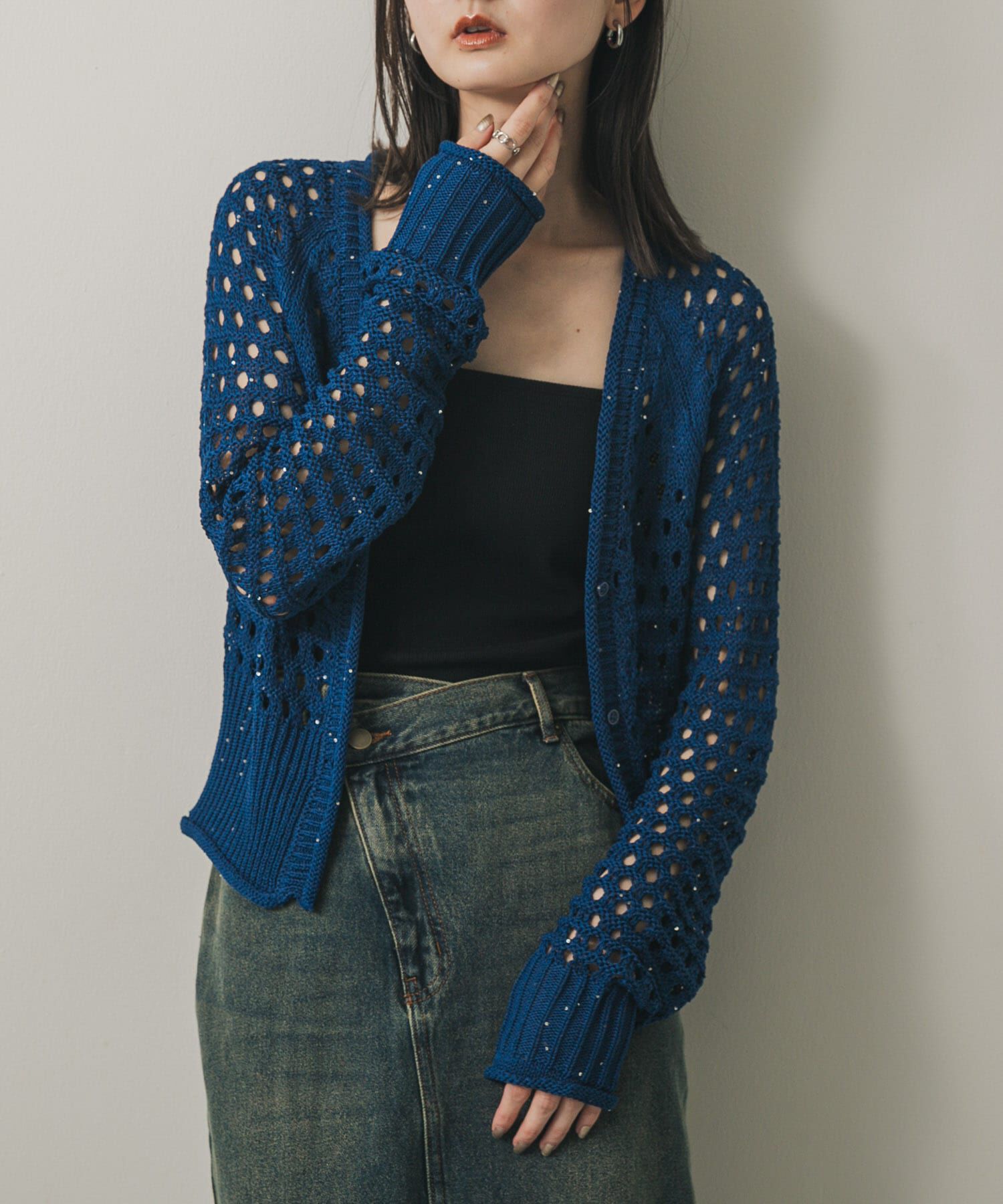 SENSE OF PLACE by URBAN RESEARCH「スパンコールメッシュカーディガン」|カーディガン|ブルー