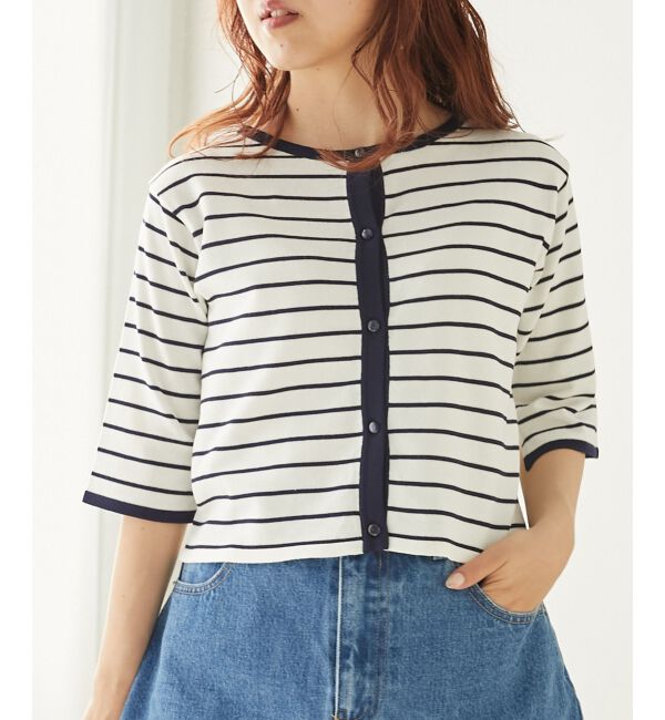 MAJESTICLEGON「クロップドボーダーカーディガン」|カーディガン|ネイビー柄