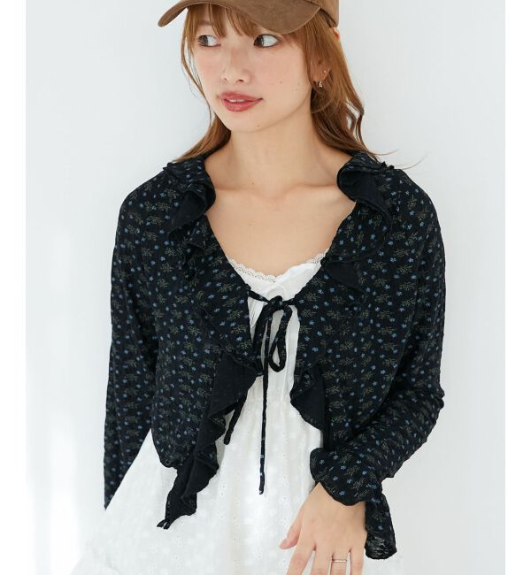  「◎フリルカラーリボンカーディガン」|カーディガン|ブラック柄