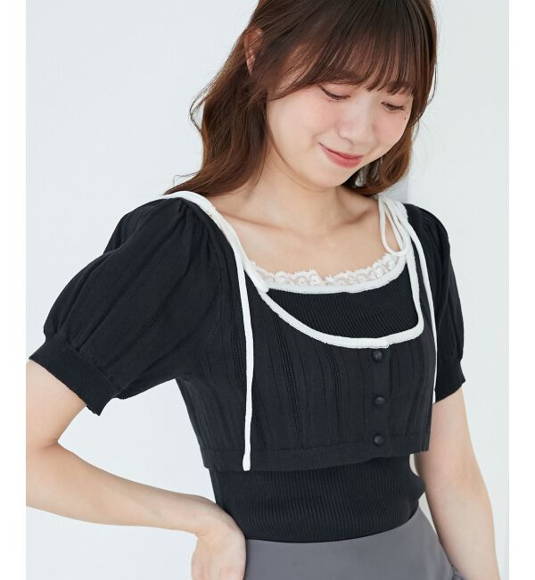  「キャミ＆バイカラークロップドカーデ」|カーディガン|