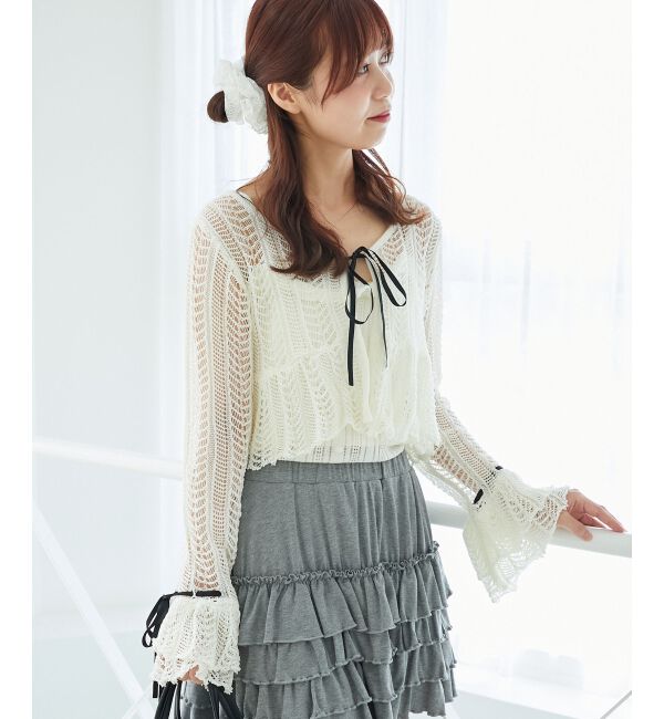  「キャミセットレーシー長袖カーデ」|カーディガン|アイボリー