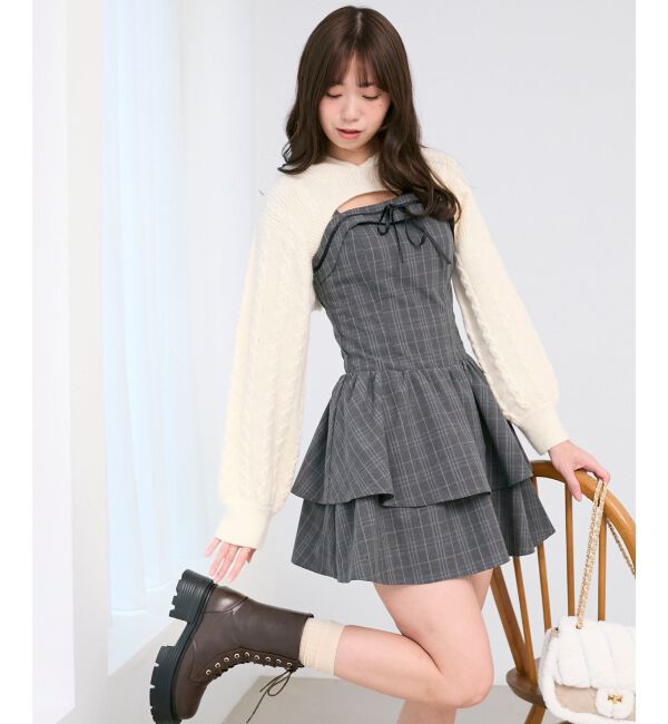  「ケーブルフードボレロセットミニワンピ」|ワンピース|