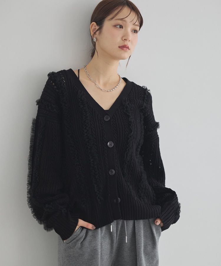 earth music&ecology「チュールフリルニットカーディガン」|カーディガン|Black