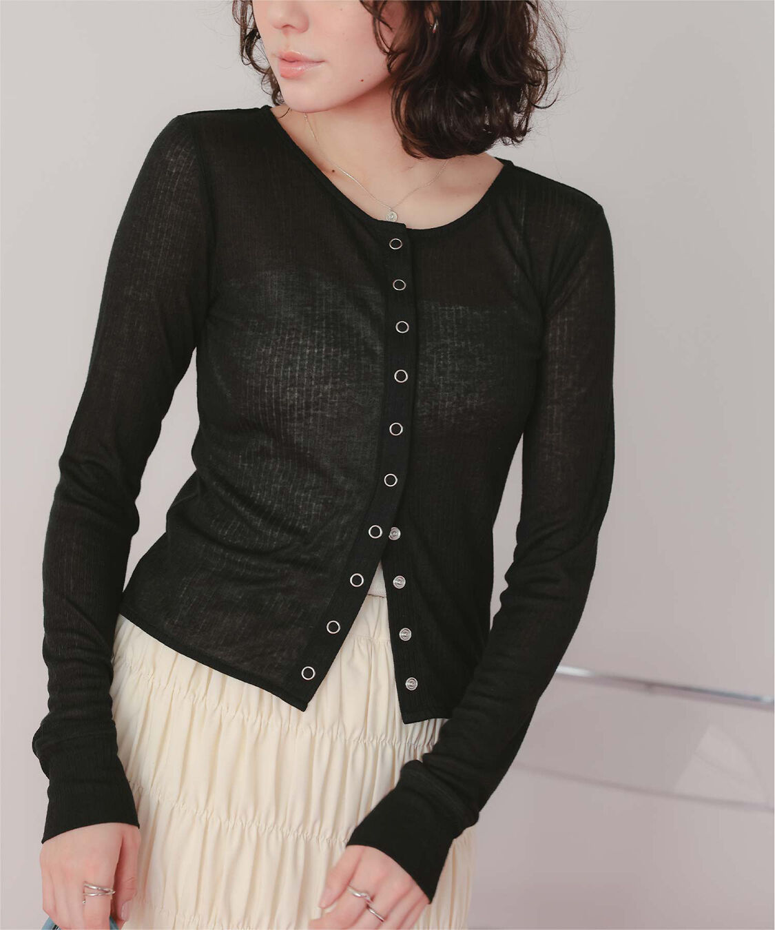 titivate「シアーテレコカーディガン」|ニット・セーター|ブラック
