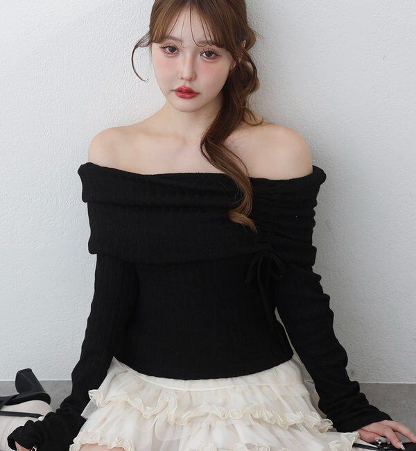  「ドロストリボンオフショルトップス」|プルオーバー|ブラック