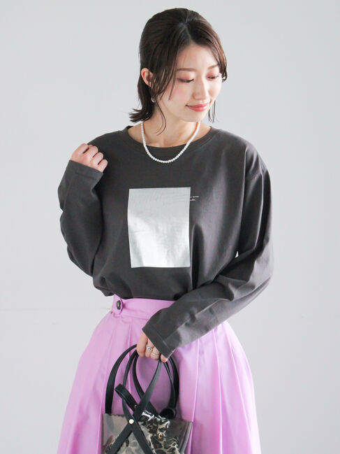Te chichi「箔プリントロングTシャツ」|Tシャツ・カットソー|チャコールグレー