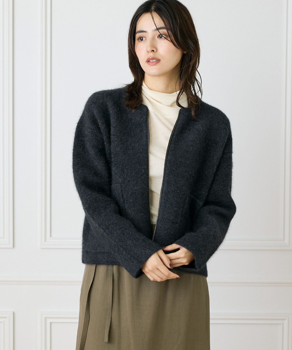 Le Souk「ラクーン接結編みニットブルゾン」|カーディガン|チャコールグ 3