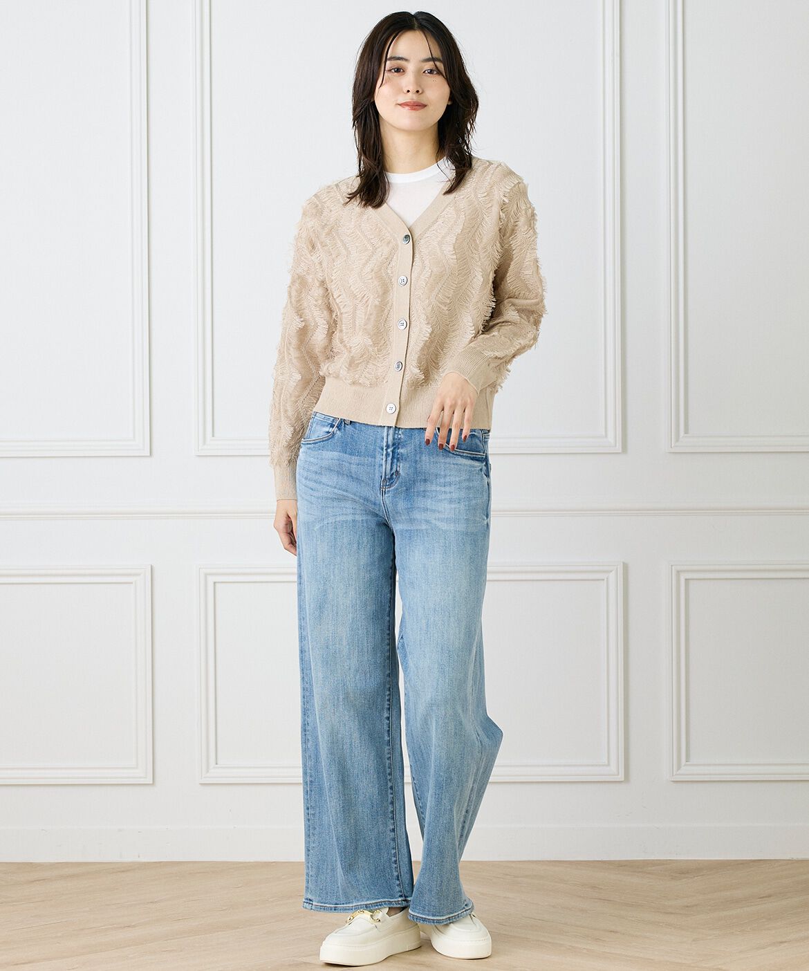 INED「《大きいサイズ》フリンジVネックカーディガン」|カーディガン|