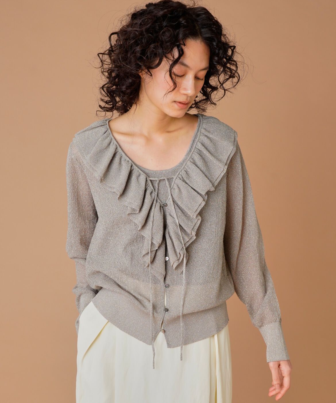 la veille by SUPERIOR CLOSET「ラメニットフリルカーディガン」|カーディガン|グレーベージ 3