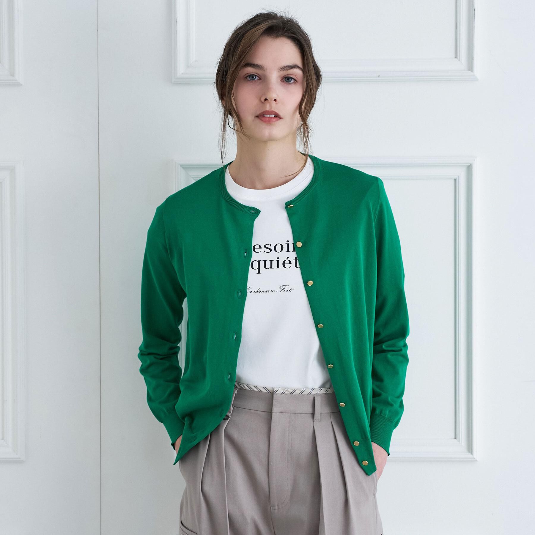 DRESSTERIOR「コットンシルククルーネックカーディガン」|カーディガン|グリーン(022)