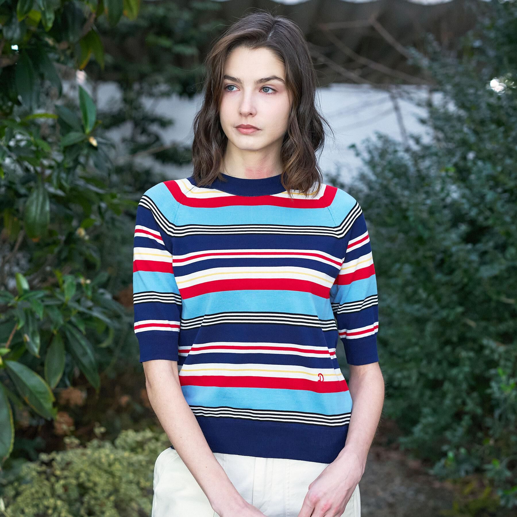 DRESSTERIOR「コットンシルクボーダーハーフスリーブニット」|ニット・セーター|