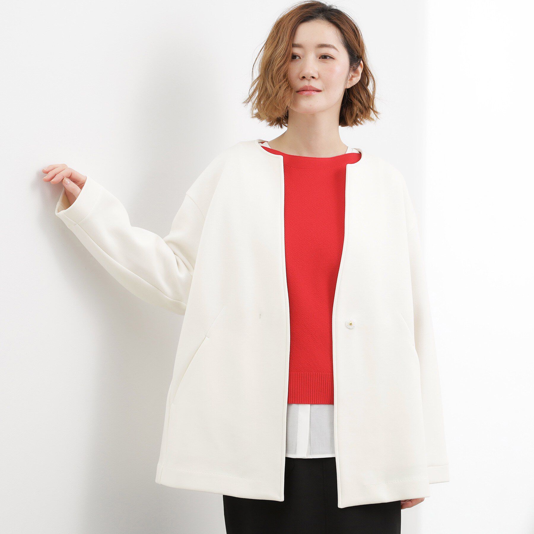 grove「ダンボールジャージ ノーカラーミドルコート」|ノーカラーコート|