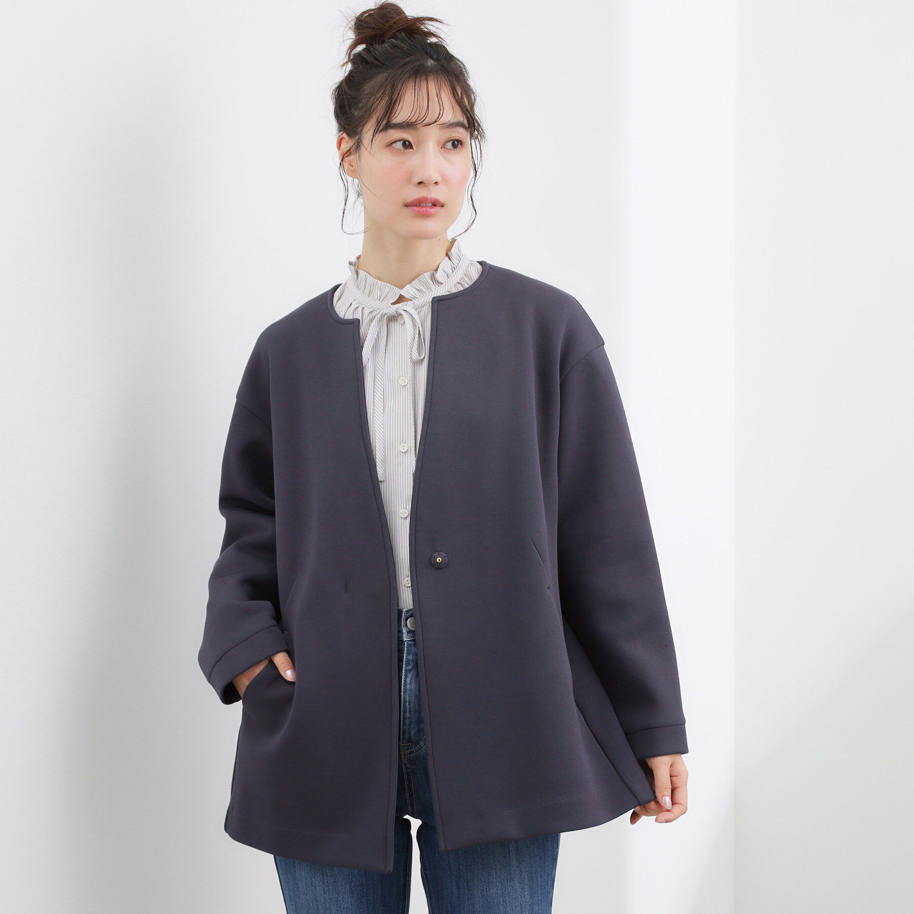 grove「ダンボールジャージ ノーカラーミドルコート」|ノーカラーコート|