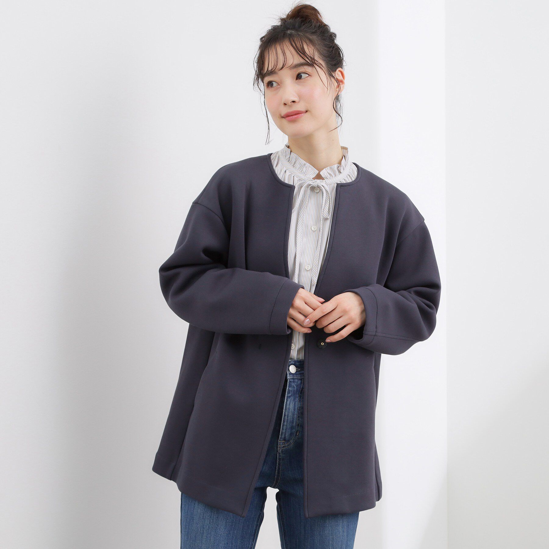 grove「ダンボールジャージ ノーカラーミドルコート」|ノーカラーコート|