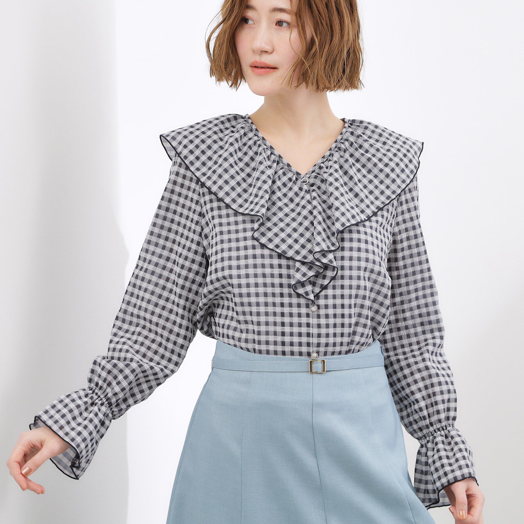 grove「大人の華やぎチェックフリルブラウス」|シャツ・ブラウス|