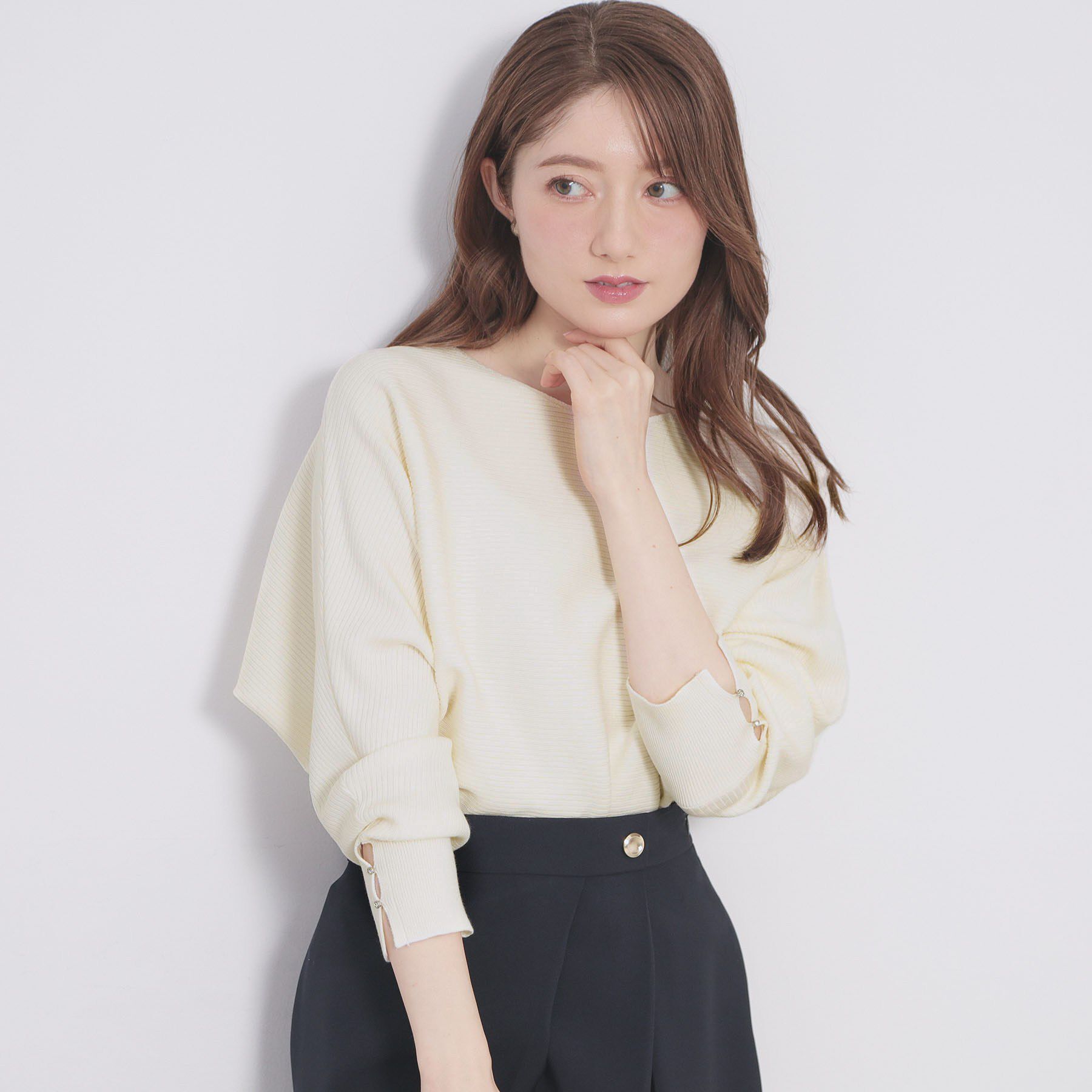 index「ドルマンリブニット【洗濯機OK/抗ピル】《5col》」|ニット・セーター|オフホワイト(003