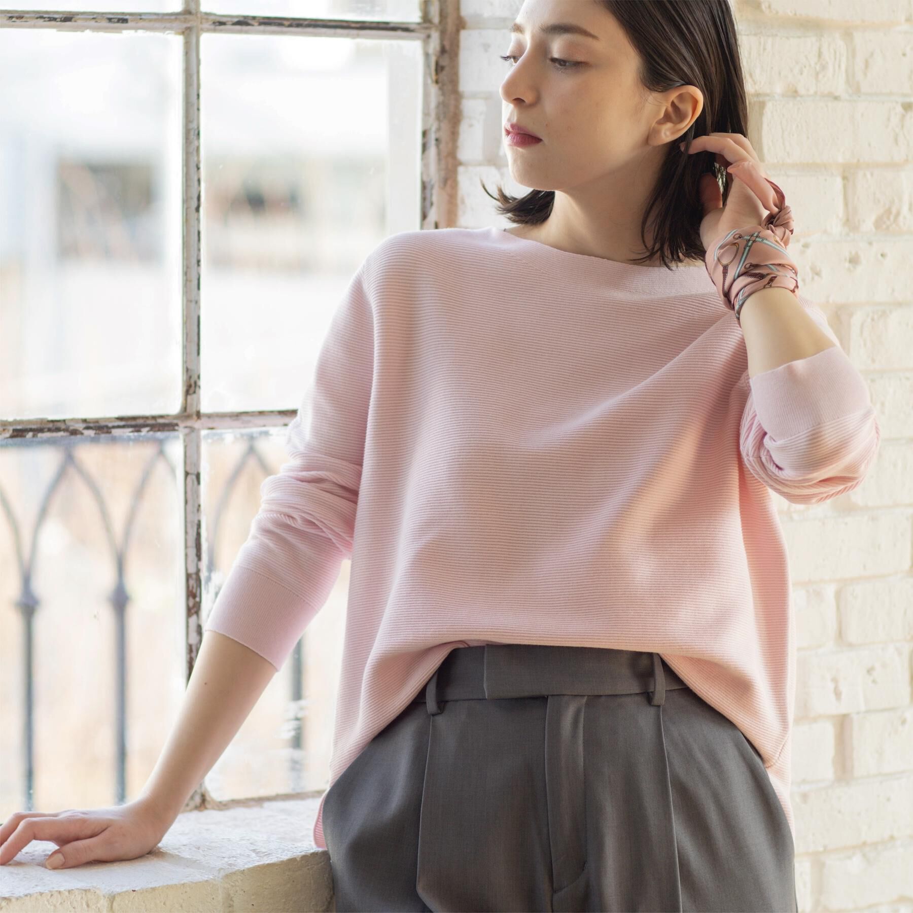 OPAQUE.CLIP「ボートネックガーターニット/オーガニックコットン混【洗濯機OK/UVケア】《6col》」|ニット・セーター|ライトピンク(070