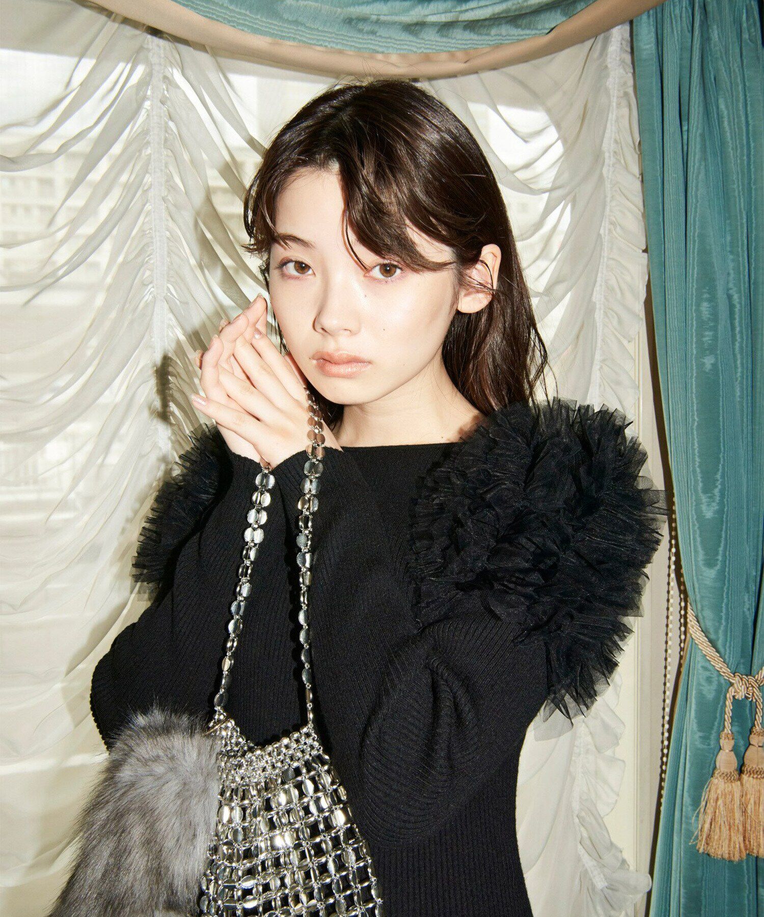  「チュールフリルショルダーニットワンピース」|ワンピース|